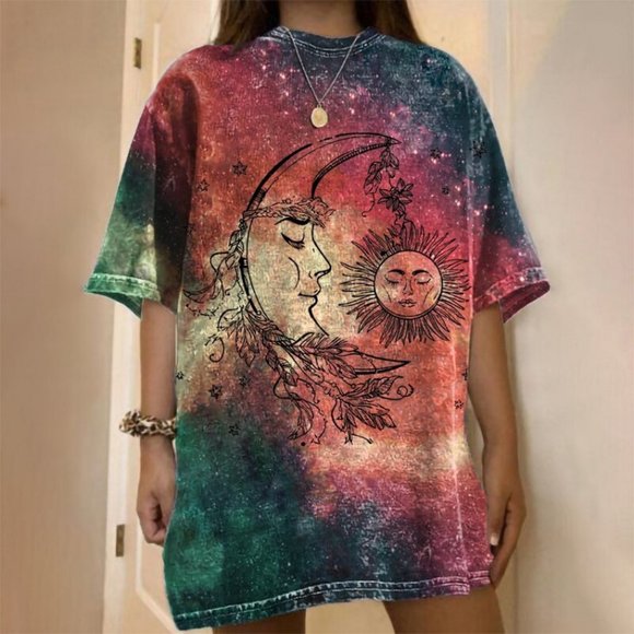 Pants - Summer new retro style Galaxy Sun-Moon system 3D printed round-neck T-shirt